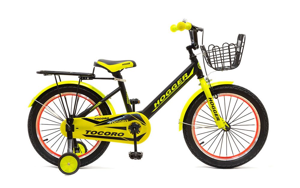 Велосипед 18 HOGGER TOCORO сталь ручной и ножной тормоз доп.колеса корзина черно-лимонный
