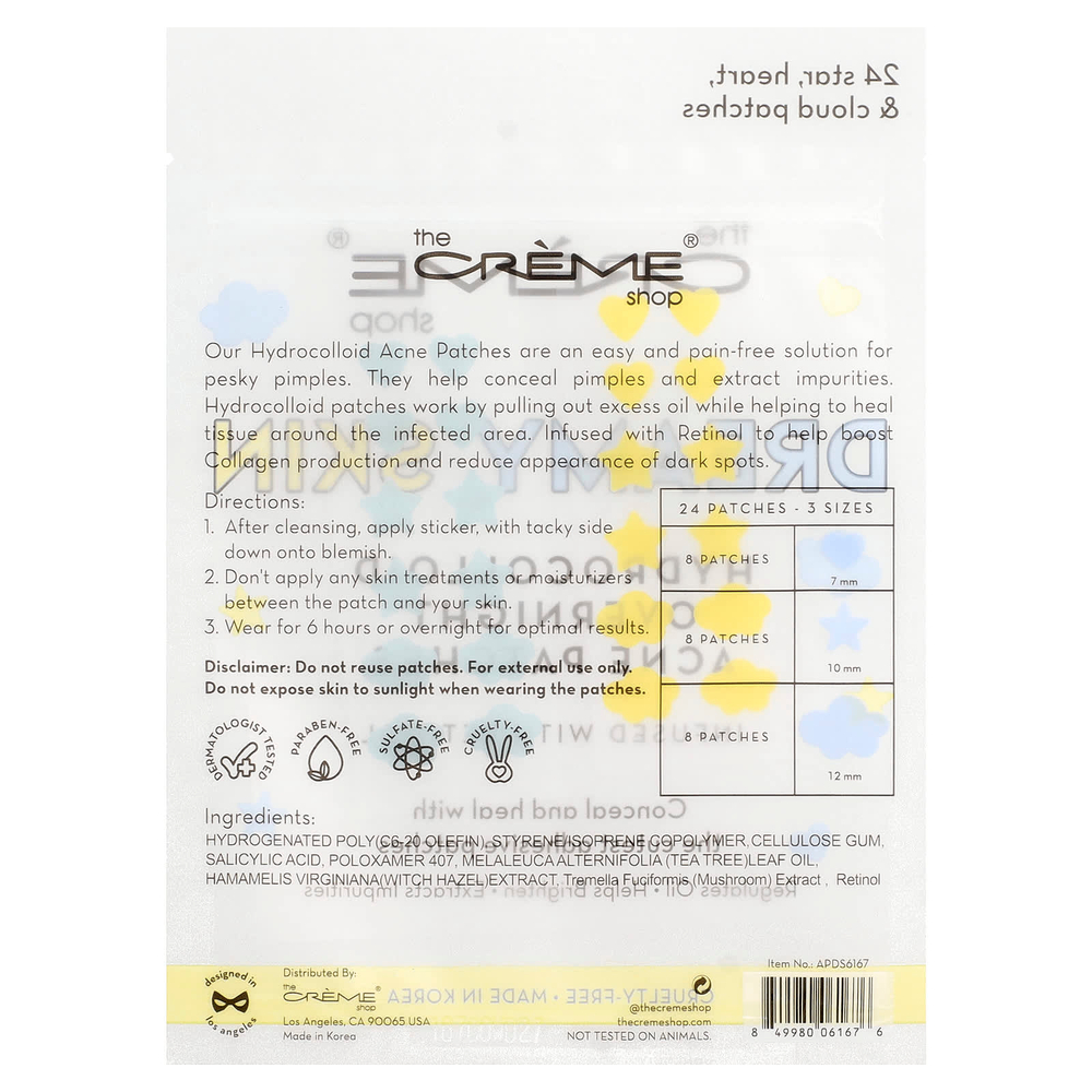 The Creme Shop, Dreamy Skin, гидроколлоидные ночные патчи от акне, звезда, сердце и облака, 24 шт.