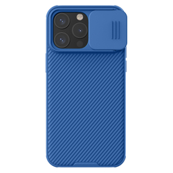 Противоударный чехол синего цвета с защитной шторкой для камеры от Nillkin на iPhone 15 Pro Max, серия CamShield Pro Case