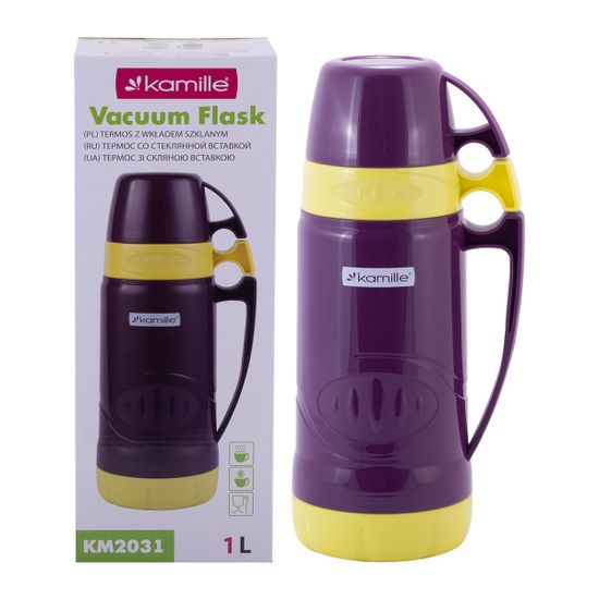 Термос 1 л. со стеклянной колбой Kamille KM 2031 пластиковый, 2 чашки