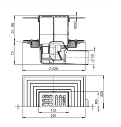 Сливной трап APV1324 105 × 105/50, подводка – боковая, решетка – нержавеющая сталь, фланец –нержавею