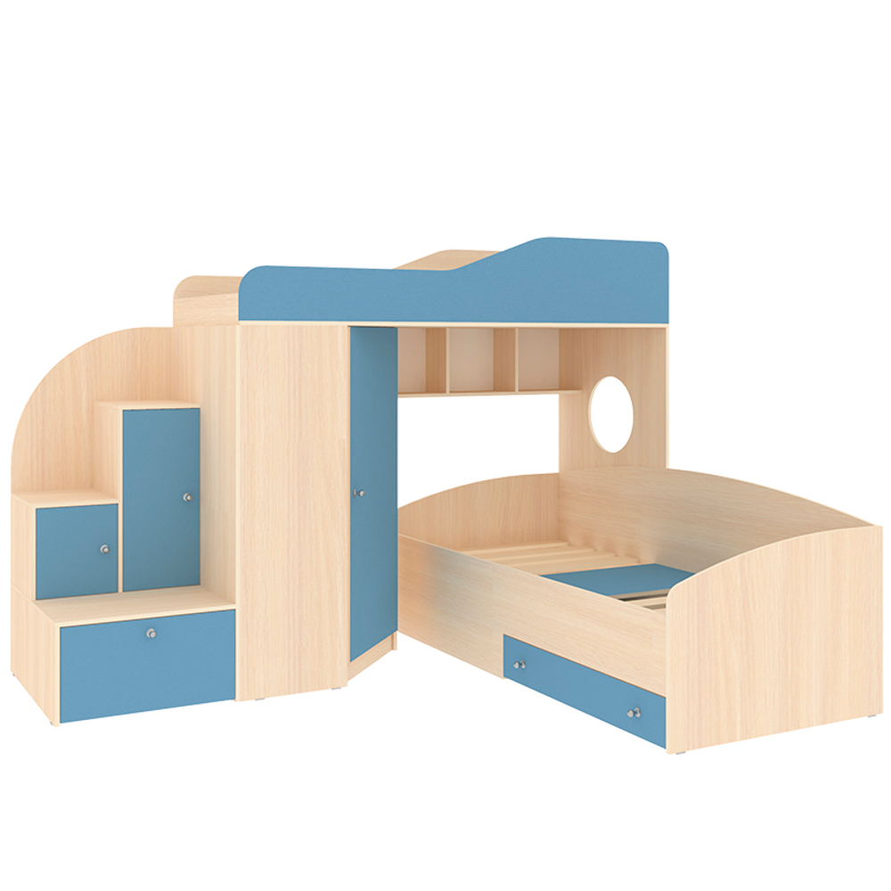 Кровать-чердак КарИВи Кадет 2  Дуб Молочный Светло-синий, голубой