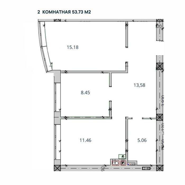 2-комн. квартира, 53,73 м²; 2,3 этажи