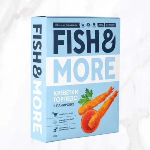 Креветка Ваннамей в панировке ТОРПЕДО очищ., с/м, индивид, 21-25 шт/фунт 1 кг, карт., 6кг, Fish & Mo
