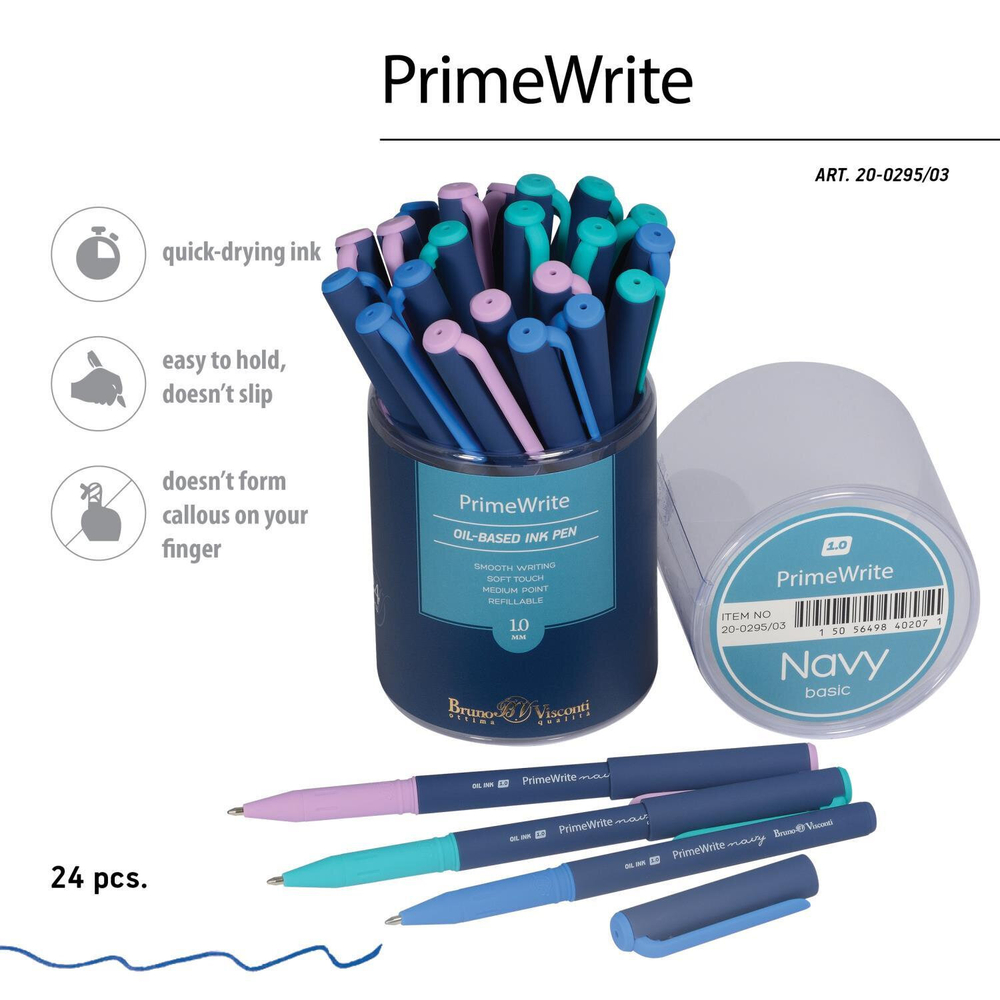 Ручка шариковая масляная BRUNO VISCONTI "PrimeWrite", СИНЯЯ, "Navy", ассорти, линия письма 0,4 мм, 20-0295/03