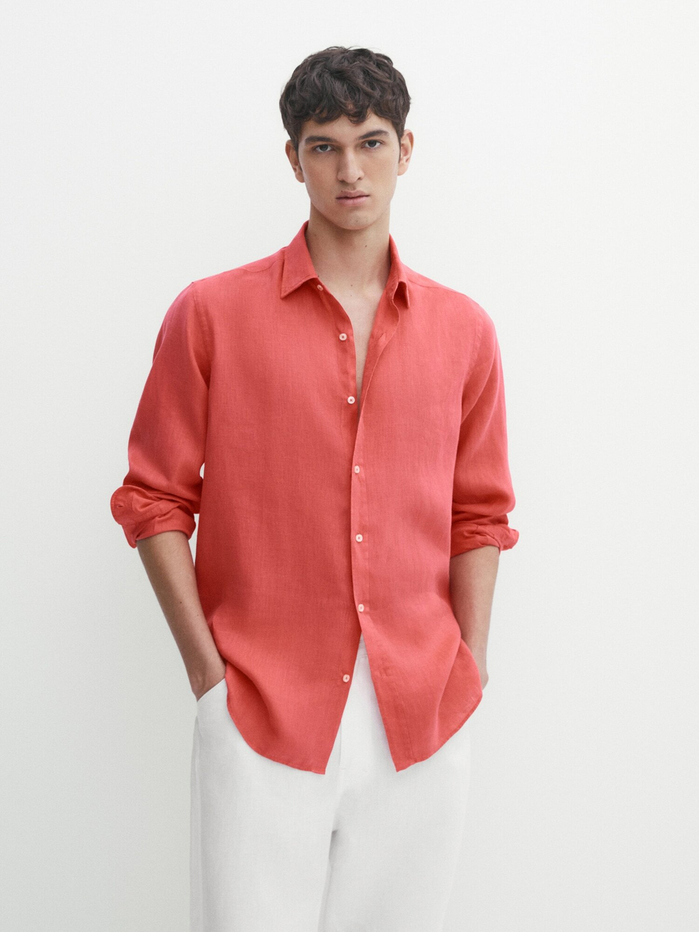 Massimo Dutti 100% льняная приталенная рубашка,  коралловый