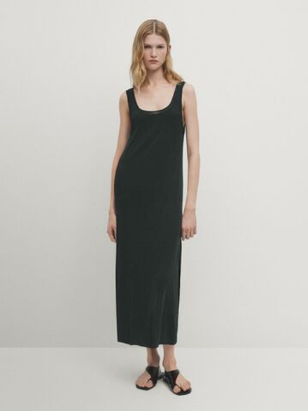 Massimo Dutti Платье миди из двухслойной ткани с бретелями, темно-зеленый