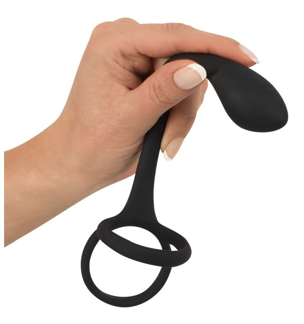 Эрекционное кольцо с утяжкой на мошонку и анальным плаг Black Velvets (Цвет: черный)