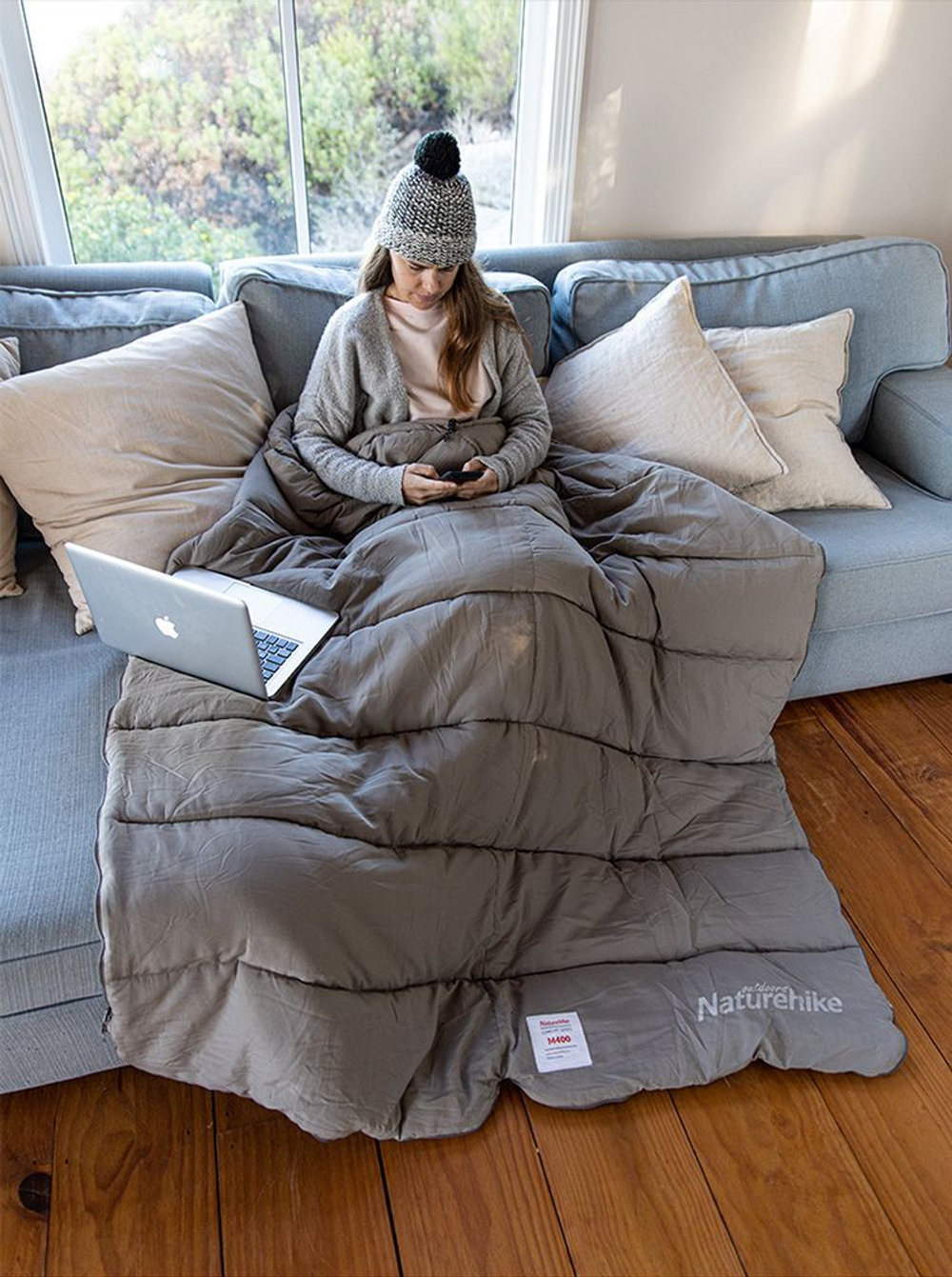 Спальный мешок ультралегкий Naturehike M300 хлопковый с капюшоном весна осень серый (молния справа), 6927595701263