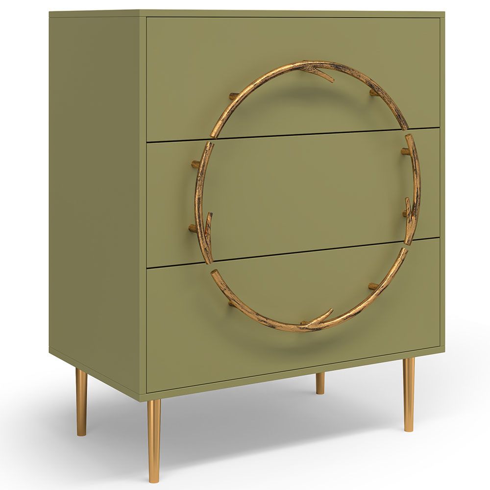 Комод Арт Колор matte Стайл Голд с 3 ящиками Зеленая олива матовая