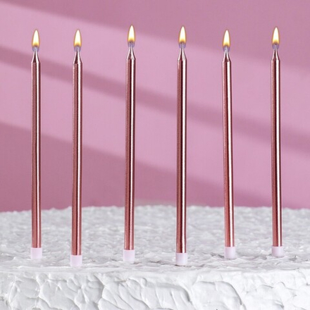 Свечи в торт "Ройс", 6 шт, высокие, 13 см, розовый металлик