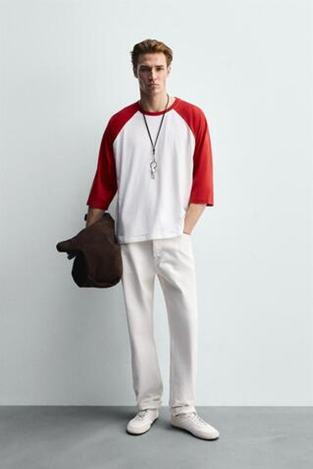 ZARA ФУТБОЛКА КОЛОР-БЛОК С РУКАВАМИ РЕГЛАН, БЕЛЫЙ\КРАСНЫЙ