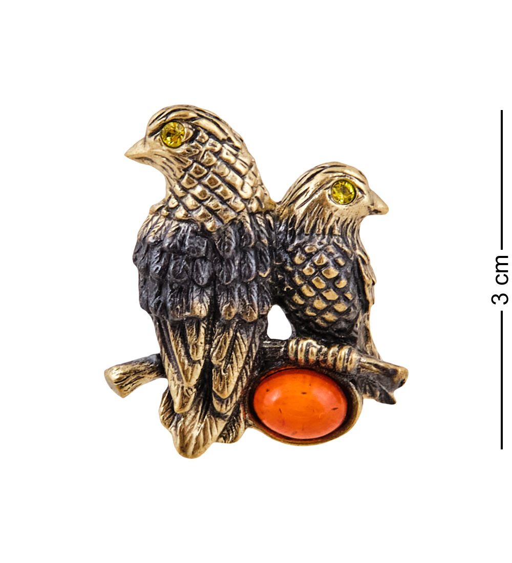 AM-3615 Брошь «Птички невелички» (латунь, янтарь)