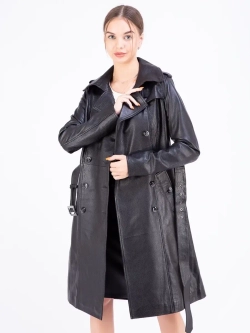 Тренч длинный кожаный с поясом плащ на весну