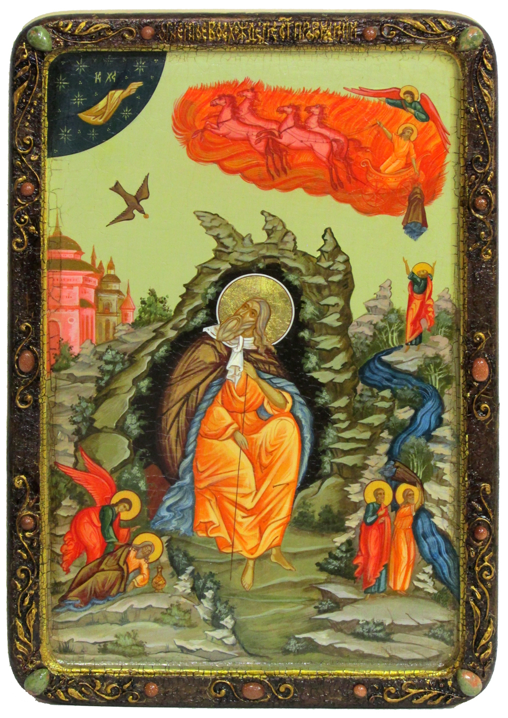 Большая Живописная икона Пророк Илия Фесвитянин 42х29см на кипарисе в березовом киоте