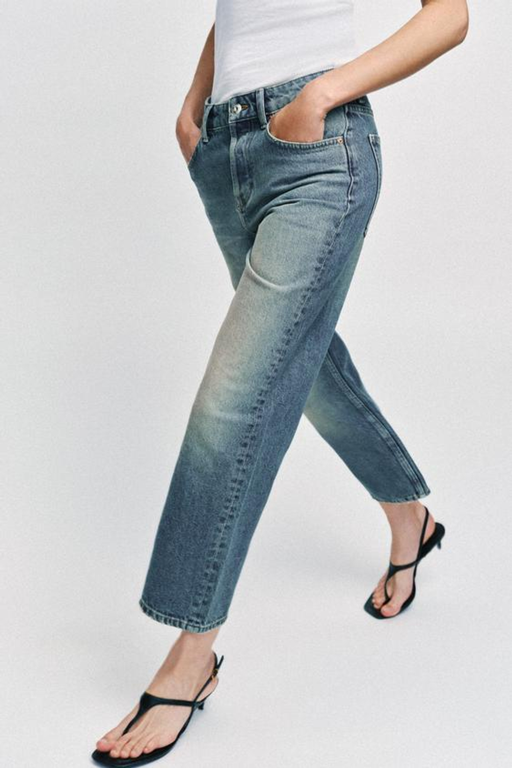 ZARA УКОРОЧЕННЫЕ ДЖИНСЫ Z1975 SLIM СО СРЕДНЕЙ ПОСАДКОЙ, ЗЕЛЕНОВАТО-СИНИЙ