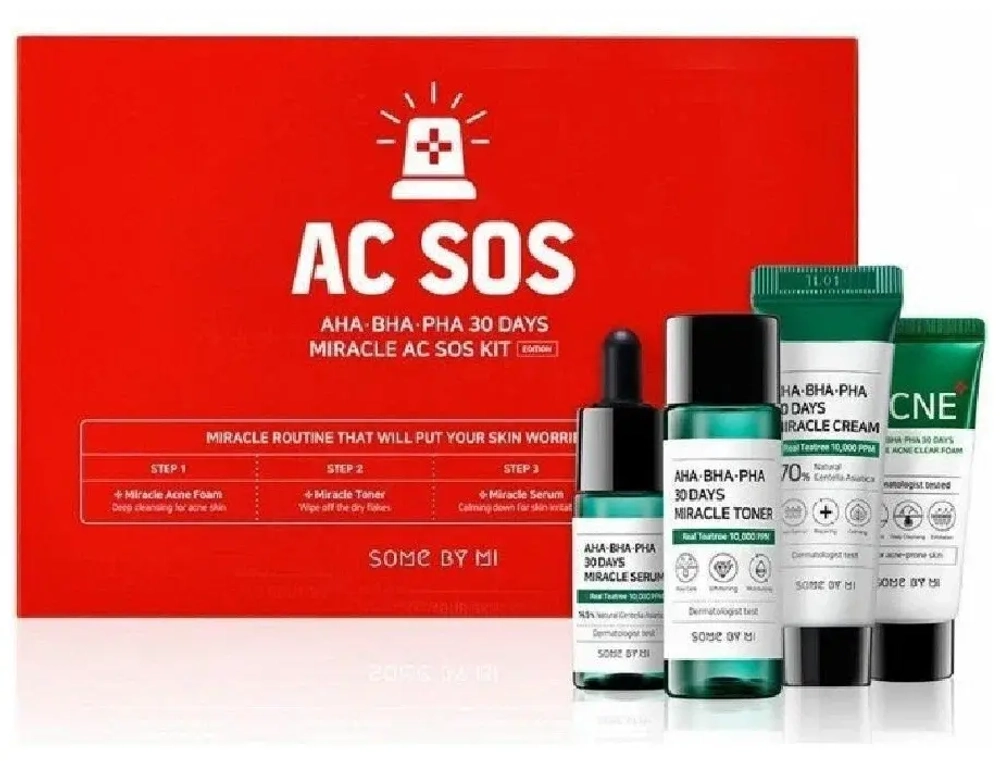 Some By Mi Набор: очищающий тонер, сыворотка, крем, пенка - 30Days miracle ac sos kit, 4предмета