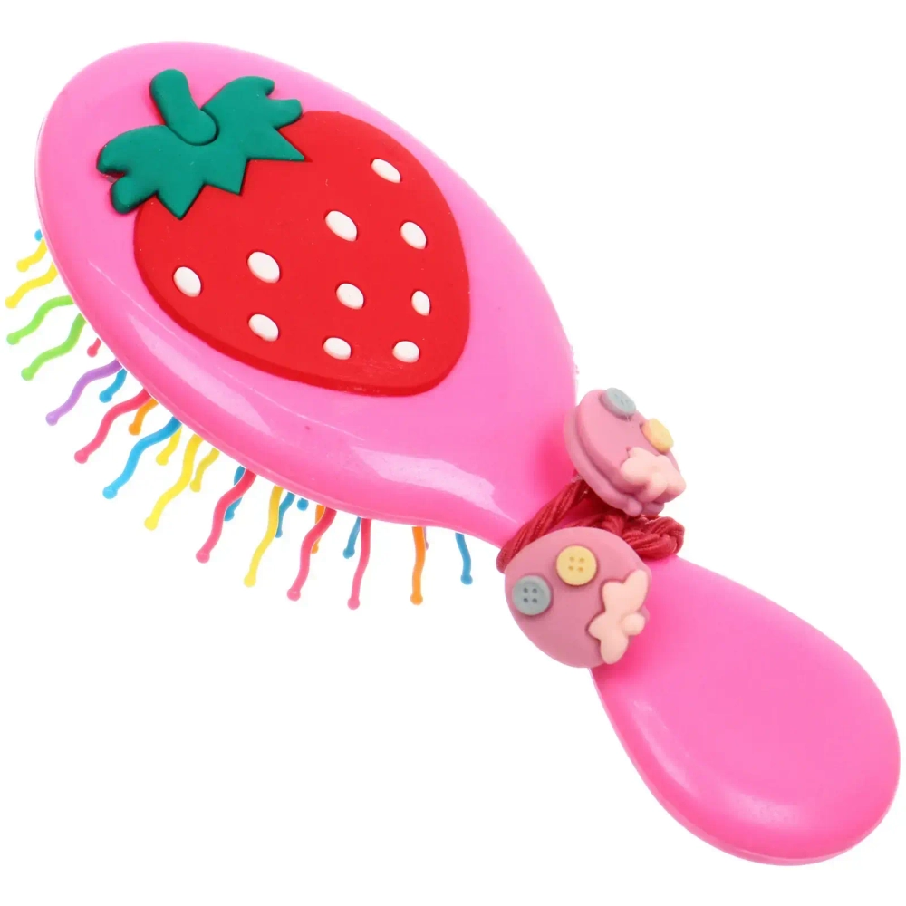 Расческа массажная детская и 2 резинки «МИЛА», клубника, цвет розовый, 14*5,5см (пакет с подвесом)