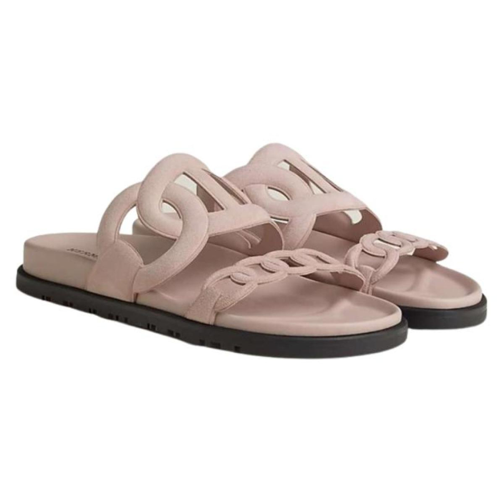 Hermes Extra leather comfortable and fashionable one-word slippers women's pink, H222301Z 27