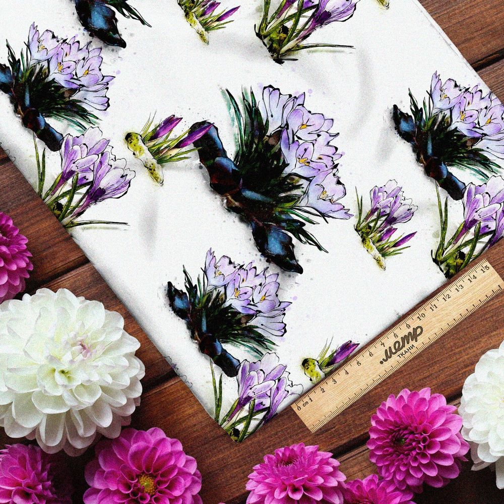 Ткань флис голубые цветы в кустах