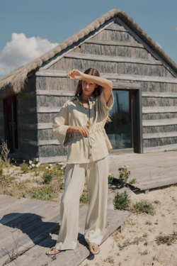 ZARA БРЮКИ ПРЯМОГО КРОЯ ИЗ СМЕСОВОГО ЛЬНА, СВЕТЛО-БЕЖЕВЫЙ