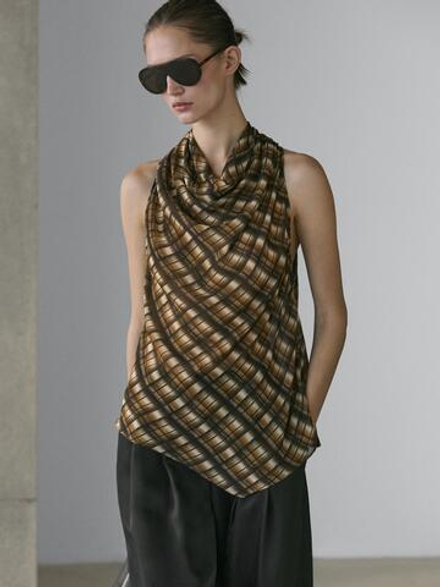 Massimo Dutti Струящийся топ с сборками, горчично-желтый