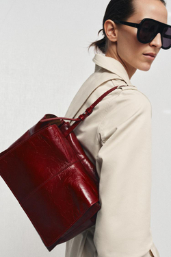 ZARA КОЖАНАЯ МИНИ-СУМКА-ШОПЕР С ДВОЙНЫМ КАРМАНОМ, ВИШНЕВО-КРАСНЫЙ