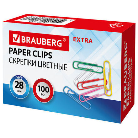 Скрепки EXTRA BRAUBERG 28 мм., 3 упаковки, цветные 100 штук, 271313