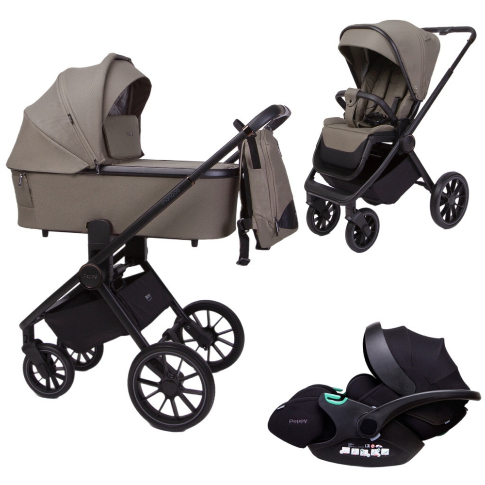Детская коляска Peppy Monaco 3 в 1 с автокреслом Verona Black Sandstone (песочный), рама черная