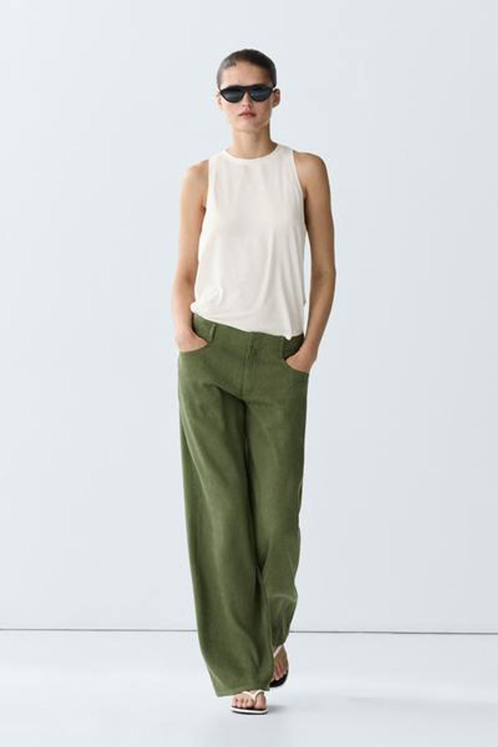 Massimo Dutti Прямые брюки из смесовой льняной ткани, зеленый