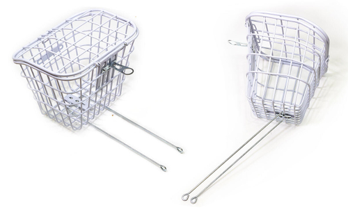Корзина передняя, с крышкой, 340х250х270мм, крепление за рулевую колонку и переднюю ось, для велосипеда 28", крупная ячейка, стальная, белая