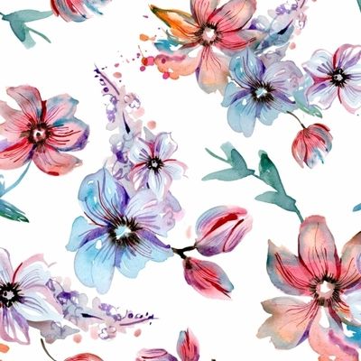 Нежные розовые и голубые цветы акварелью на белом фоне