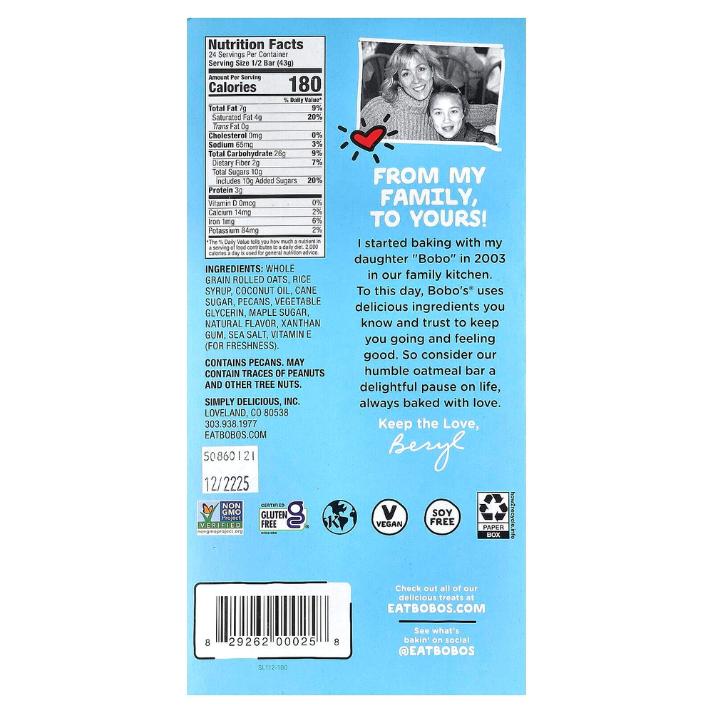 Bobo's Oat Bars, Овсяный батончик с кленовым пеканом, 12 батончиков, 85 г (3 унции)