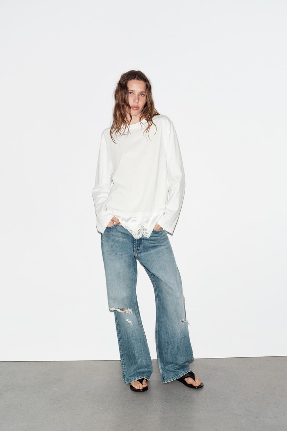 ZARA КОМБИНИРОВАННАЯ ФУТБОЛКА С КРУЖЕВОМ, БЕЛЫЙ