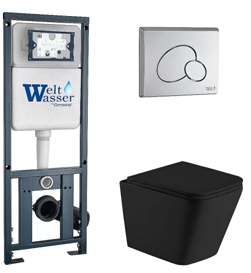 Унитаз подвесной WeltWasser MARBERG 410 + GELBACH 043 MT-BL + MAR 410 RD CR черный матовый, безободковый, с крышкой микролифт, слив-торнадо, с инсталляцией и кнопкой хром