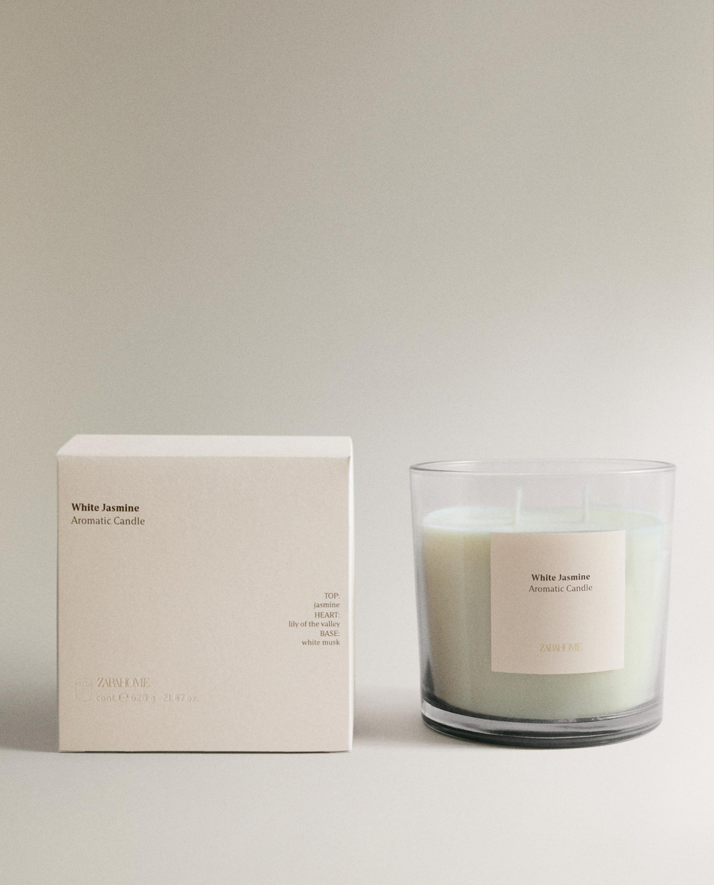 Zara Home Свеча ароматическая White Jasmine 620 г, растительный воск, аромат цветочный, Розовый