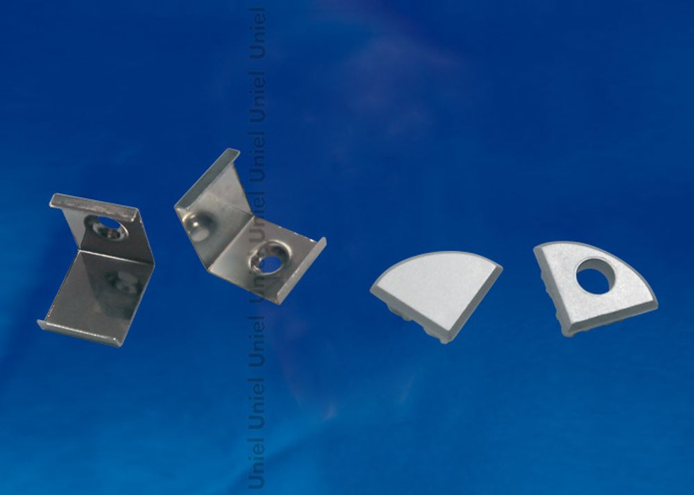 UFE-N06 SILVER A POLYBAG Набор аксессуаров для алюминиевого профиля. Крепежные скобы (4 шт., сталь) и заглушки (4 шт., пластик). Цвет серебро. ТМ Unie