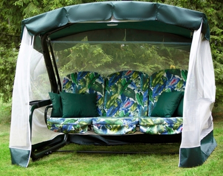 Качели садовые OLSA 3-х местные Мастак Премиум ткань панама(каркас зеленый, м/э зеленый рис.листья)2 уп.