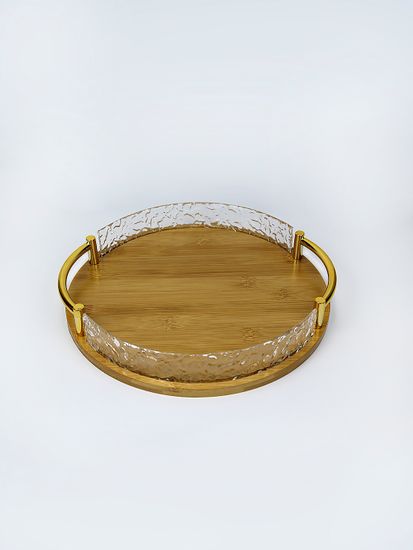Поднос круглый 30 см. из бамбука с золотистыми ручками и бортиками из акрила