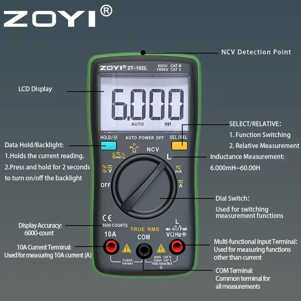 ZT-102L ZOYI автоматический мультиметр с индуктивностью и поиском проводки