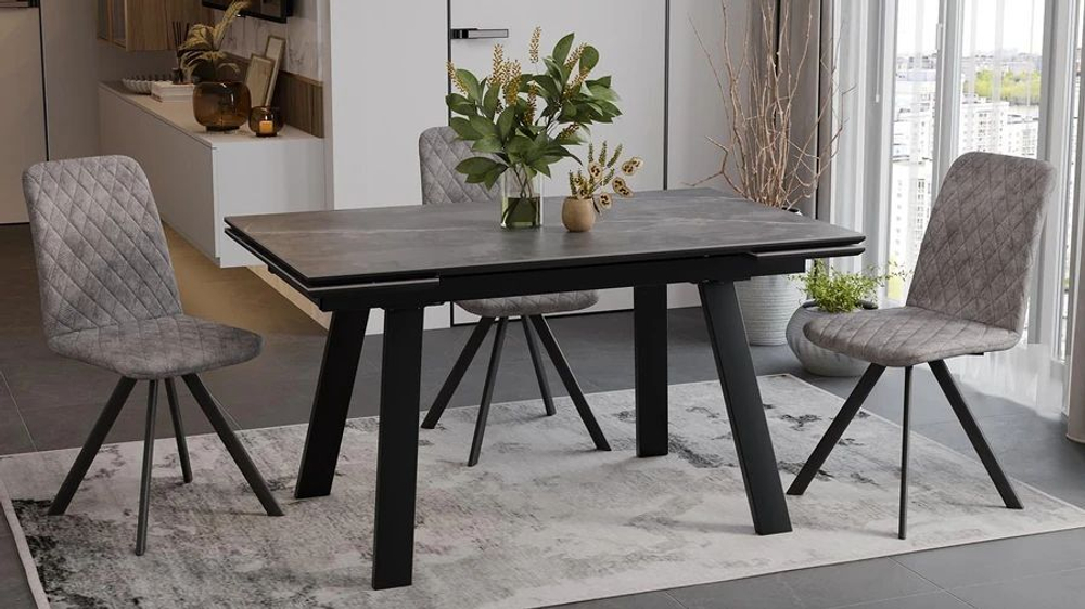 Стол кухонный обеденный раздвижной Черный муар/Керамика матовая серый мрамор 140(200)х85х76 см