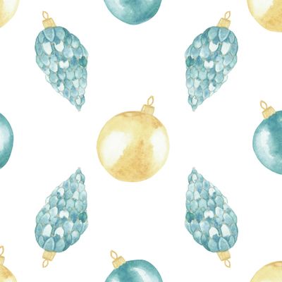 Watercolor hand painted new year seamless pattern with blue and yellow christmas tree toys and balls isolated on the white background