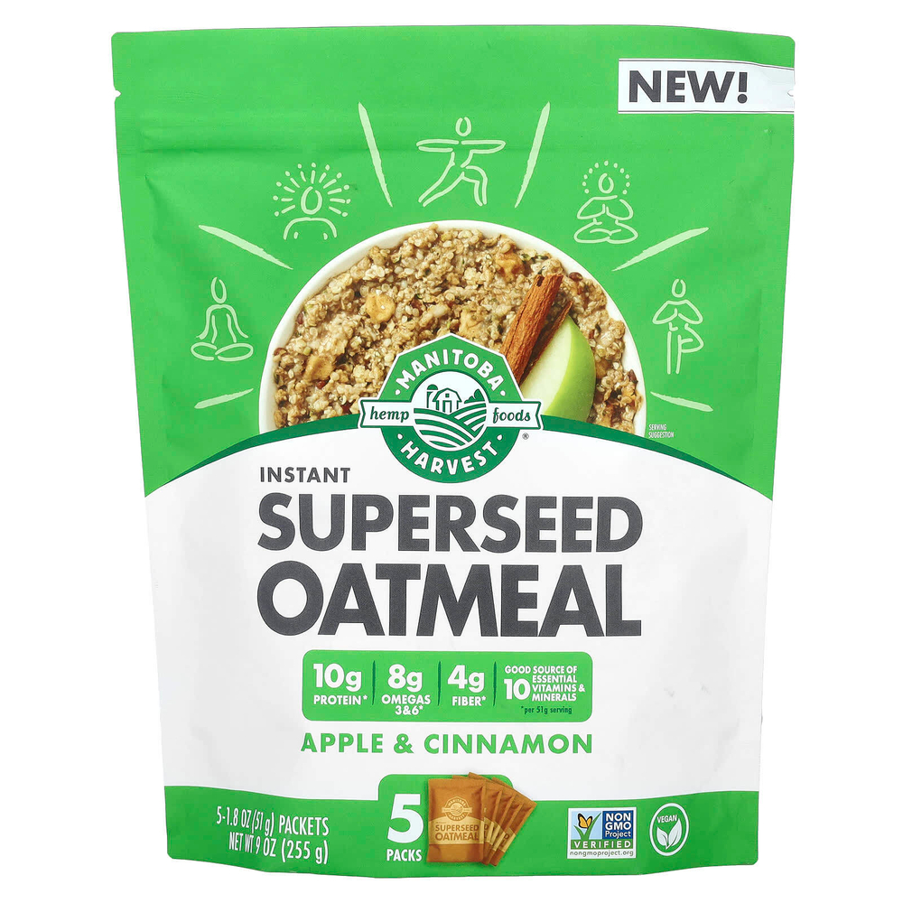 Manitoba Harvest, Овсянка быстрого приготовления, с яблоком и корицей, 5 пакетиков по 51 г (1,8 унции)