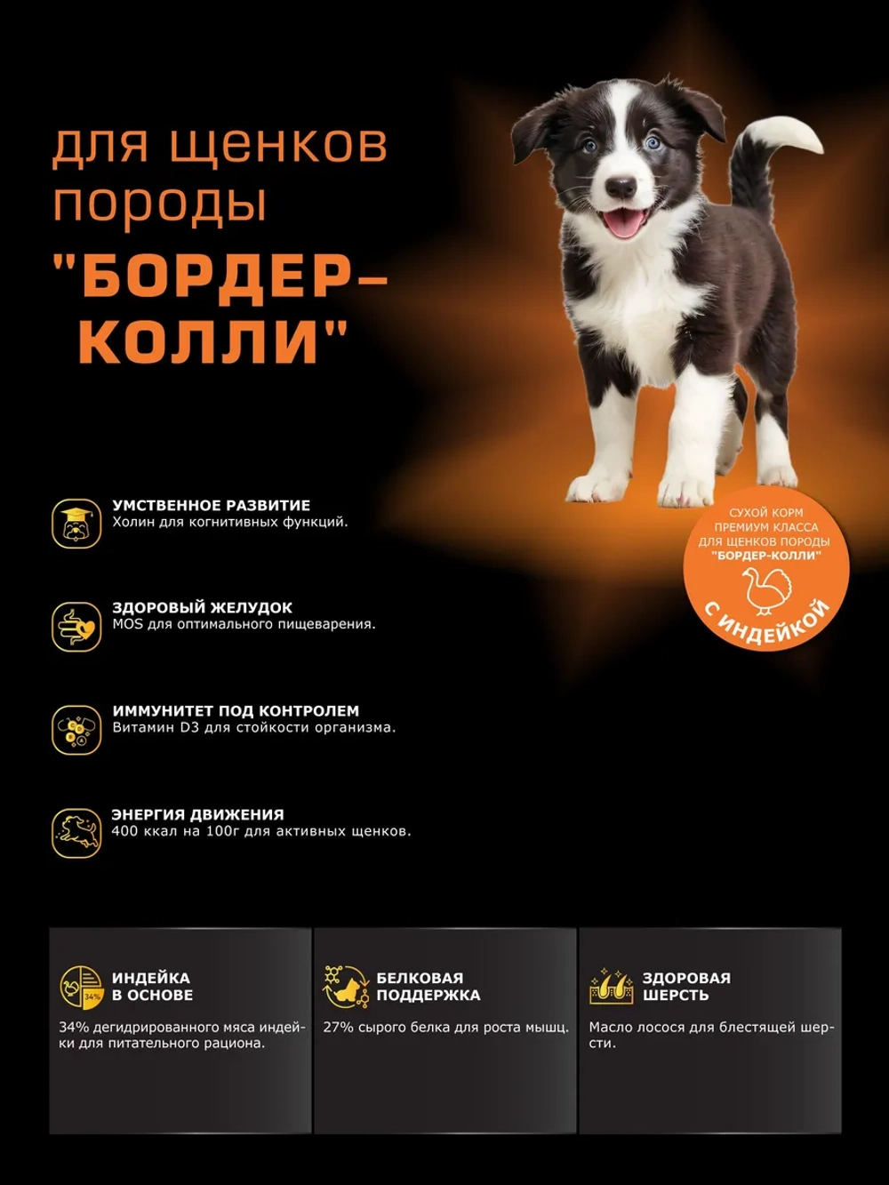 Корм для щенков Бордер-колли, с индейкой, 12 кг
