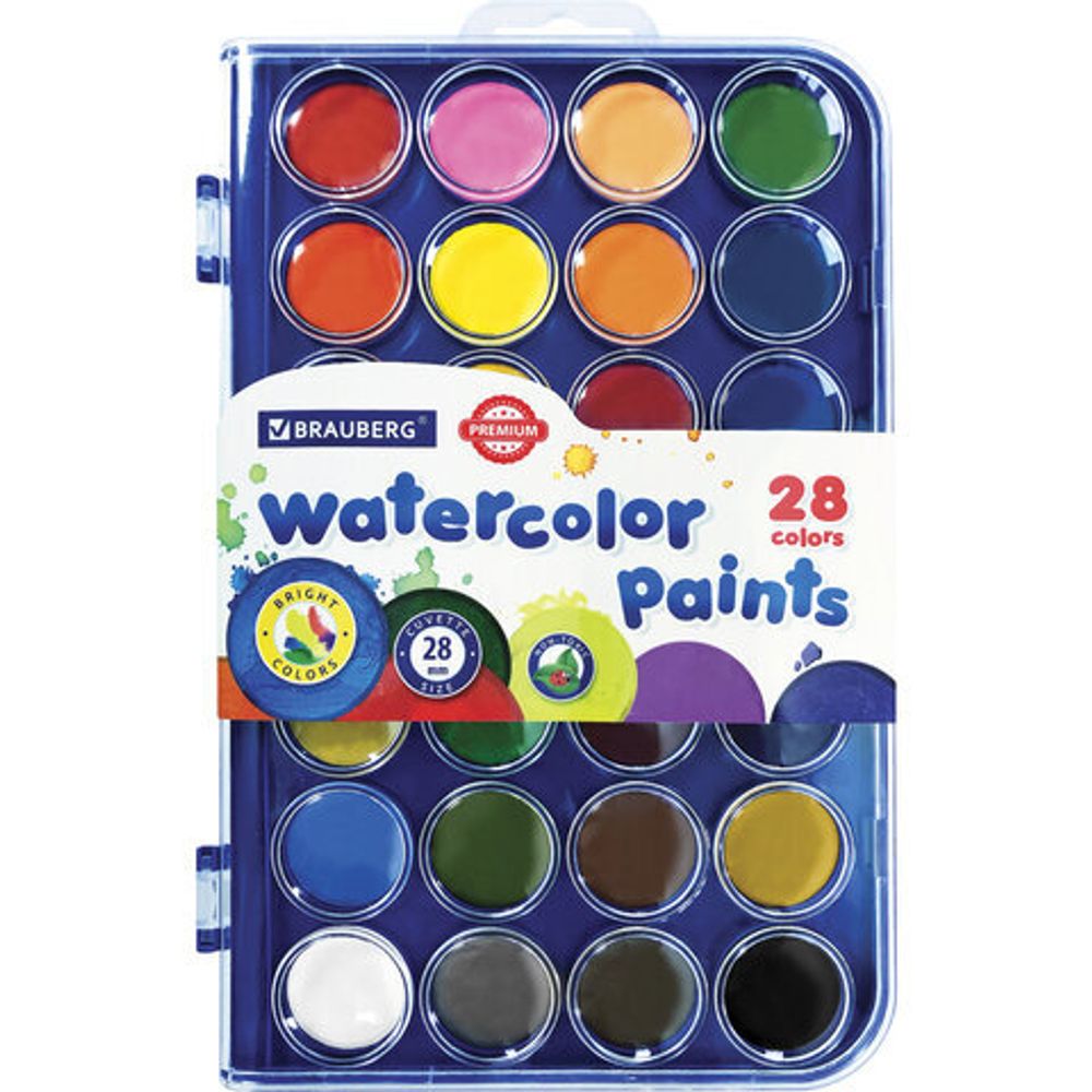 Краски акварельные BRAUBERG "PREMIUM" 28 цветов, круглые кюветы 28 мм, пенал, 191745