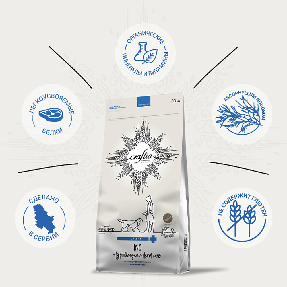 Ветеринарная диета CRAFTIA GALENA DOG HYPOALLERGENIC DERM CARE Гипоаллердженик для собак при пищевой аллергии и заболеваниях кожи 10 кг