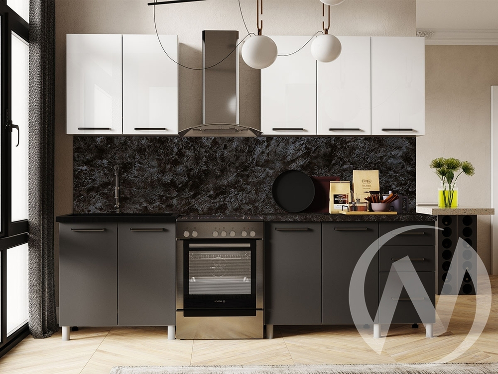 Кухня Ребекка 2.0м (корпус белый/белый; графит) 26мм кастилло темный