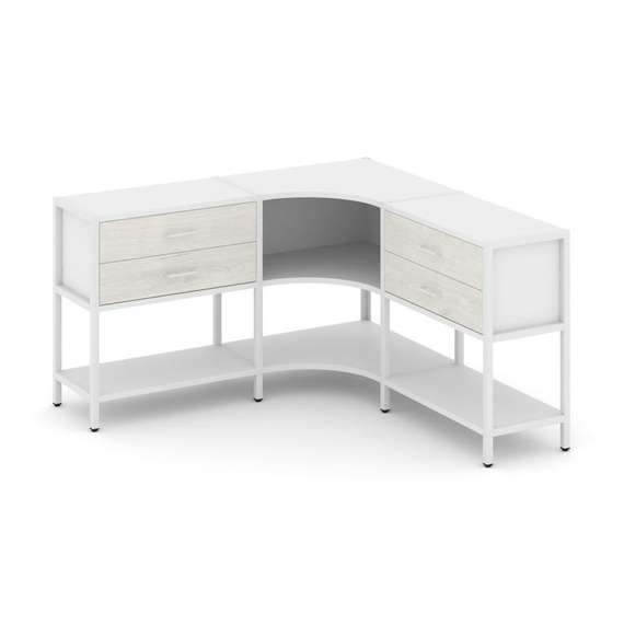 Shelf System Трехсекционный угловой стеллаж двухярусный с ящиками SN.STMU-231 Белый/Дуб Наварра/Мета