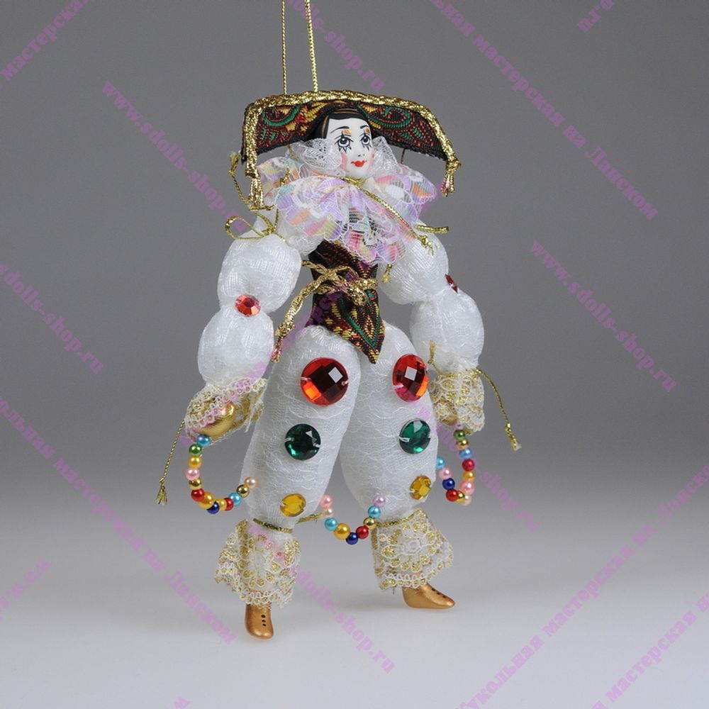 Ёлочная игрушка Клоун белый со стразами