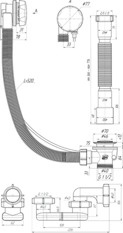 Слив-перелив для ванны STWORKI 00000825 50 мм, полуавтомат, хром, с сифоном